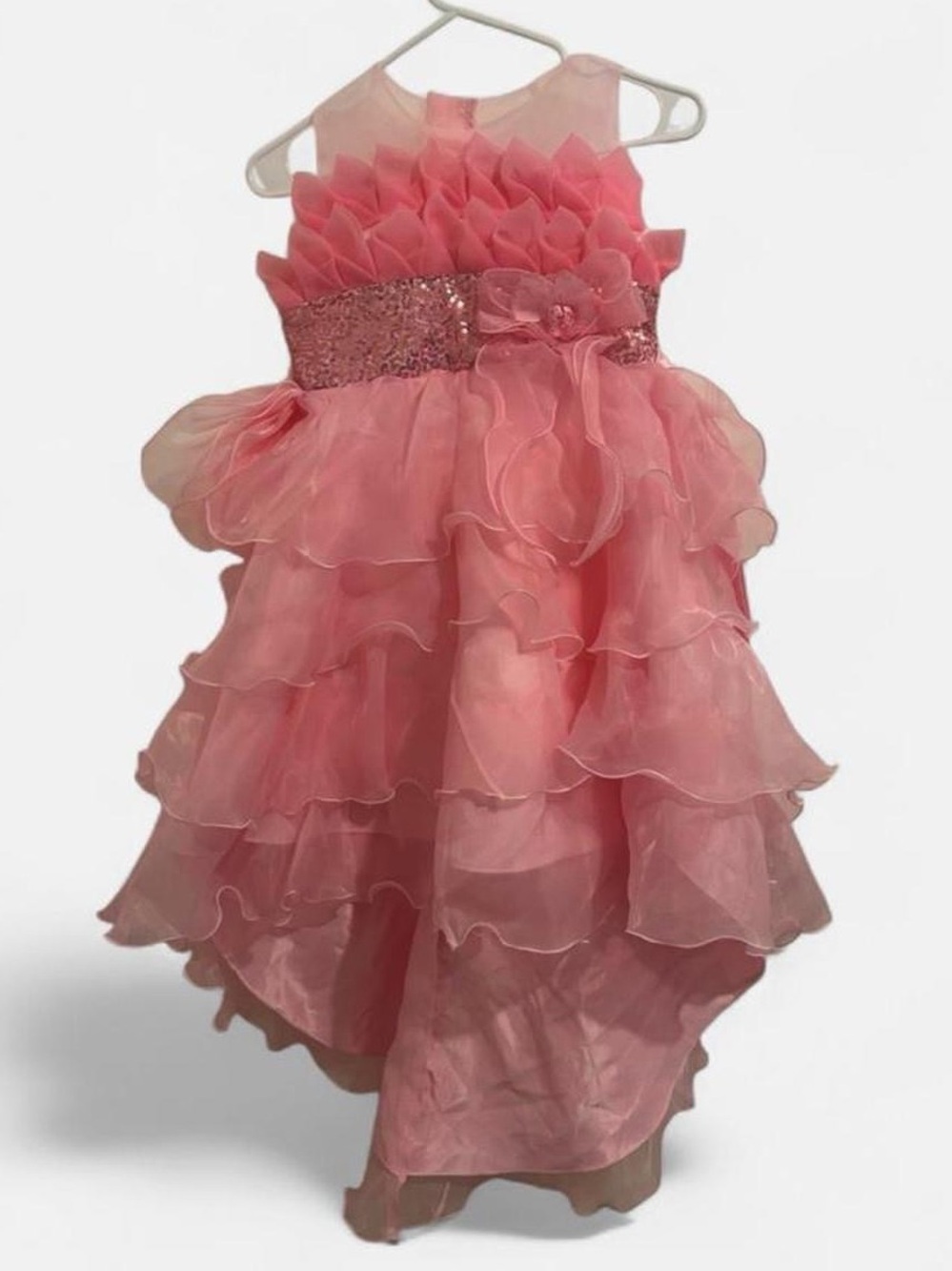 Sleeveless Pink Ruffled Girls' Party Dress with Sequin Waistband